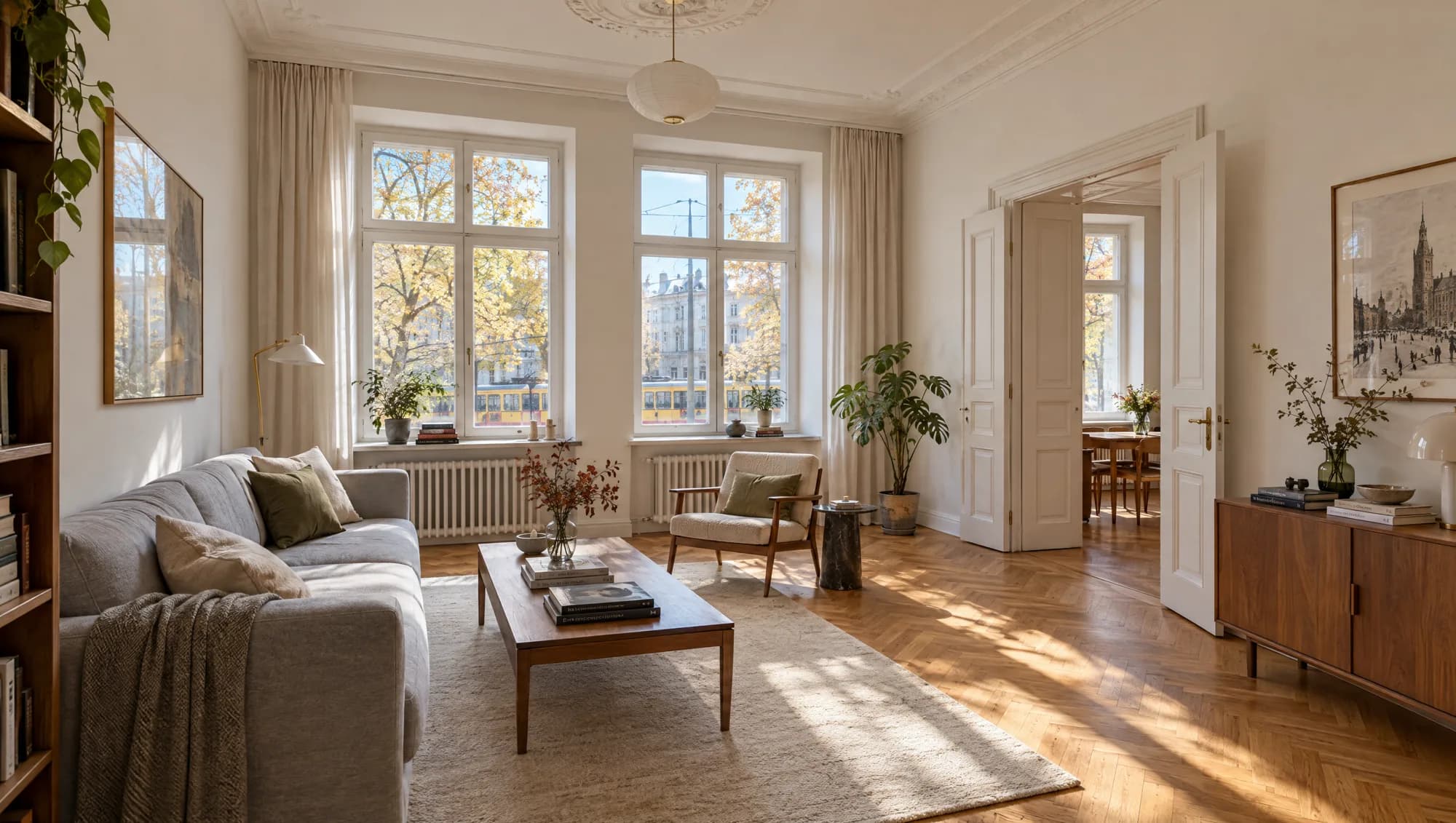 Jasny salon w apartamencie w kamienicy (wizualizacja)
